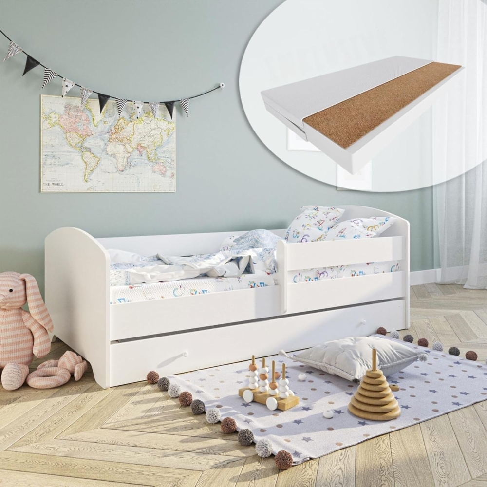 Kinderbett 160x80 cm mit Matratze und Schublade, Rausfallschutz & Lattenrost in weiß Skandi Bild 1
