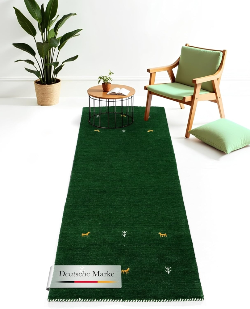 carpetfine Wollteppich Gabbeh Uni, reine Wolle, Grün, 60x180 cm, rechteckig Bild 1