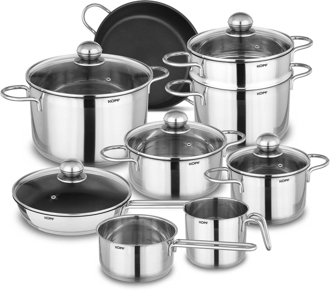 Kopf Topf-Set Josie, Edelstahl (14-tlg), Induktionstöpfe mit Schüttrand, Literskala und Glasdeckel Bild 1