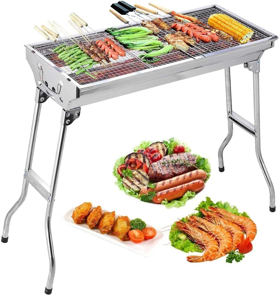 Uten Edelstahl BBQ Holzkohlegrill Räuchergrill Faltbar Tragbar für Kochen im Freien Camping Wandern Picknick Rucksackreisen Groß Silber Bild 1