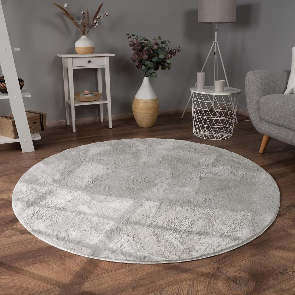 Paco Home Hochflor Teppich Wohnzimmer Flauschig Fellteppich Kunstfell Plüsch Shaggy Weich Fellimitat, Grösse:Ø 100 cm Rund, Farbe:Grau Bild 1