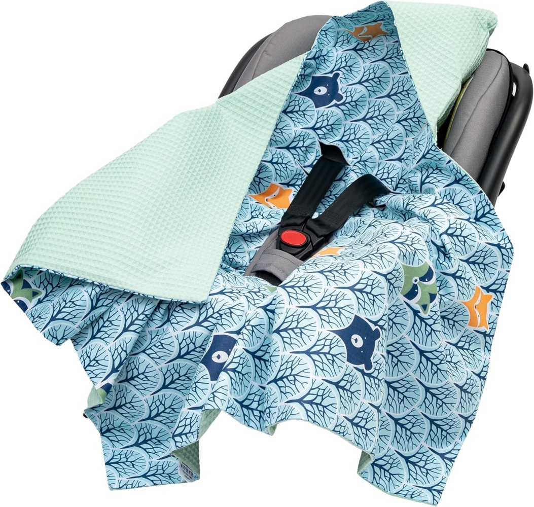 Medi Partners Einschlagdecke Baby Babyschale 100% Baumwolle für Sommer 85x85 cm Kinderwagen Kuscheldecke universal Baby Decke Einschlagdecken Babydecke Buggy Autositz (Wald mit Minzer Waffel) Bild 1