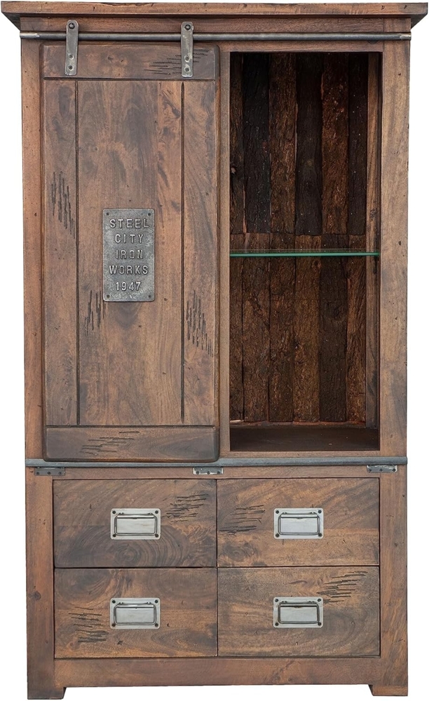 Woodroom Highboard Pali (Mango massiv gewachst dunkelbraun lackiert 90x150x45 cm, 4 Schubladen, 1 Rolltür), Highboard, Wohnzimmerschrank Bild 1