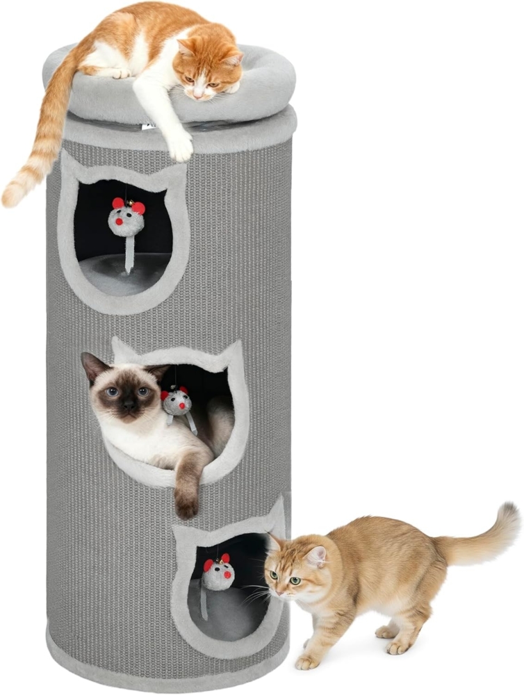 PawHut Kratztonne 96 cm hoch, (Katzenturm, 1-tlg, Katzentoilette mit Sisalseil, 3 Höhlen), mit 3 Spielzeugen, Grau Bild 1