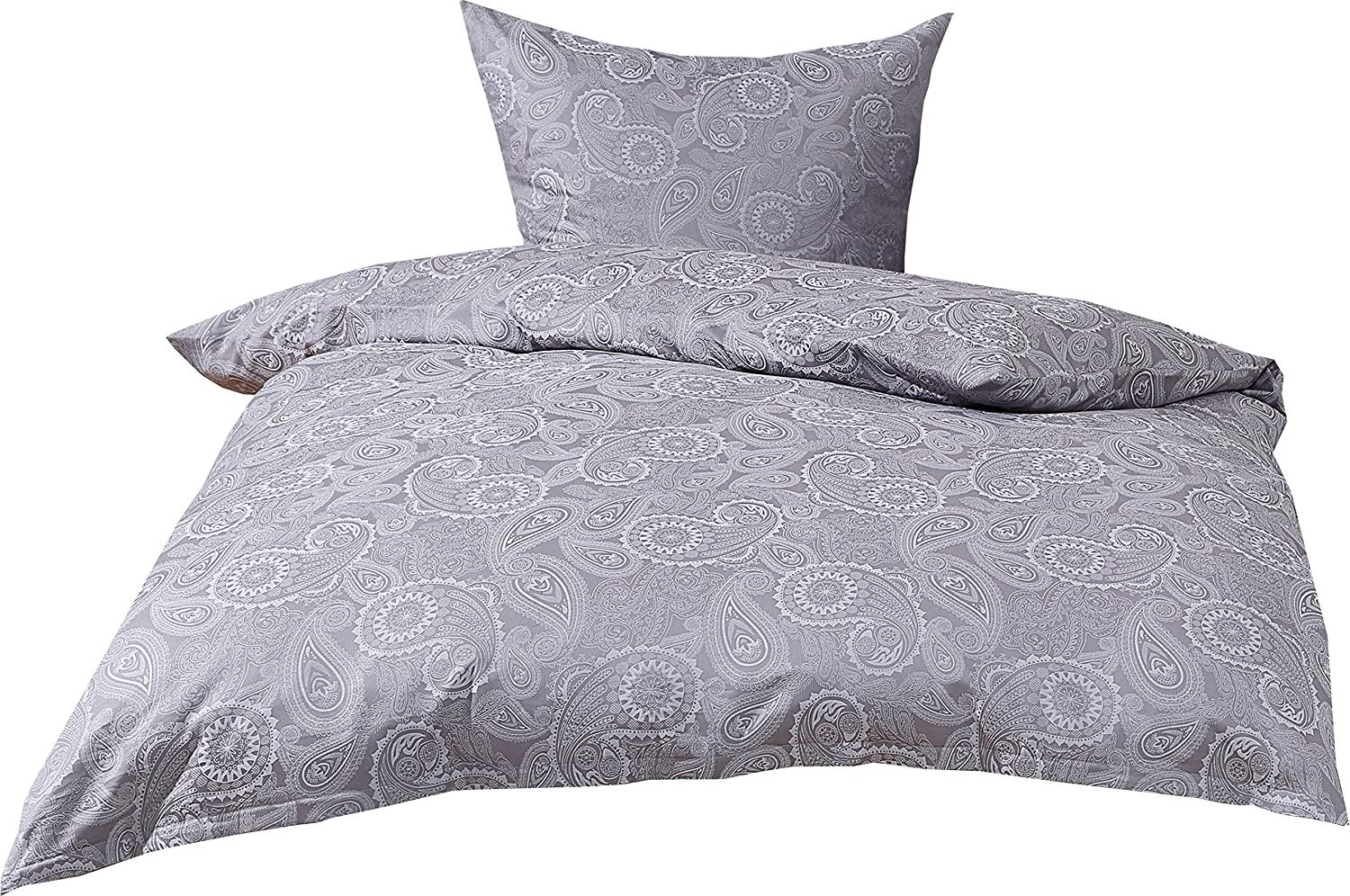 Bettwaesche-mit-Stil Mako-Satin Damast Paisley Bettwäsche "Davos" weiß-grau Garnitur 140x200 + 70x90 Bild 1