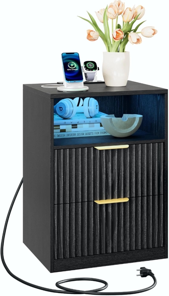 IRONCK Nachttisch mit LED-Licht & Ladefunktion, Nachtschrank mit 2 Schubladen und 1 Offenes Fach, Beistelltisch mit USB+Typ-C Anschlussen, Sofatisch für Wohnzimmer Schlafzimmer, Schwarz Bild 1