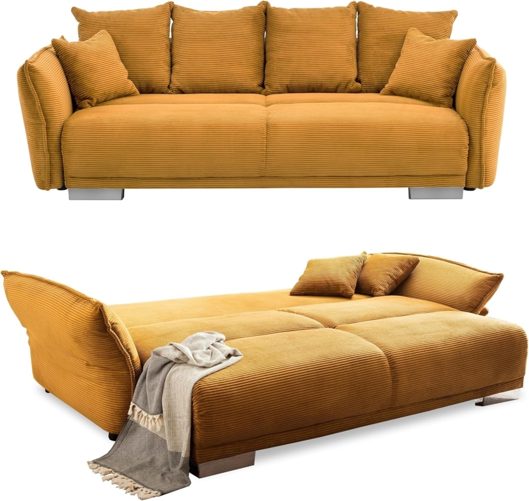 luma-home Big-Sofa 17213, mit Bettfunktion 242x131 cm, rasterlose Armlehnenverstellung, Federkernpolsterung, Wellenunterfederung, Stauraum, Kissen, Bezug Cord Gold Ockergelb Bild 1