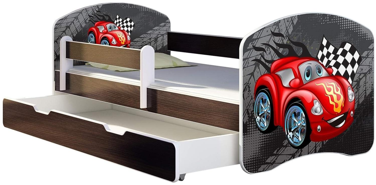 ACMA Kinderbett Jugendbett mit Einer Schublade und Matratze Wenge mit Rausfallschutz Lattenrost II 140x70 160x80 180x80 (05 Rote Auto, 160x80 + Bettkasten) Bild 1