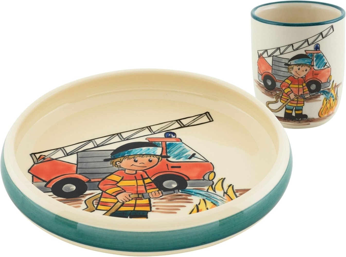 Kuhn Rikon 39550 Kinderset Feuerwehrmann, Keramik, Teller, Tasse, Porcelain Bild 1