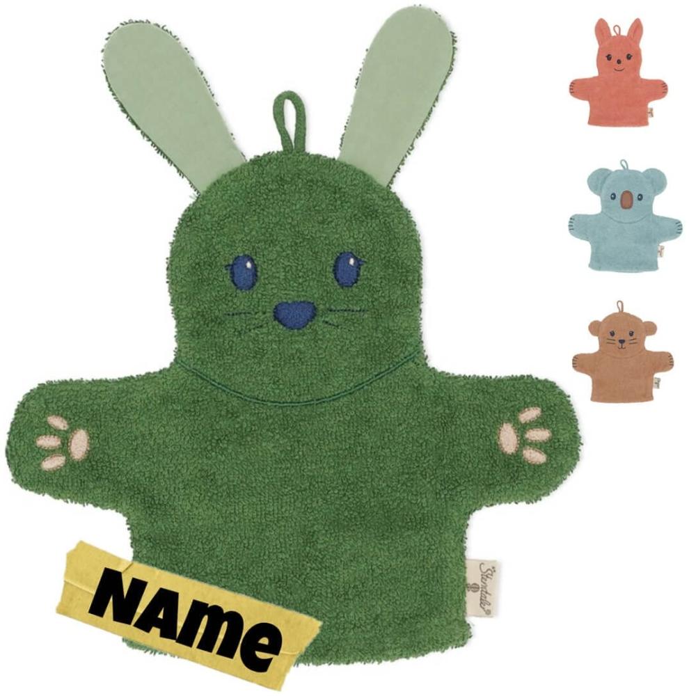 Sterntaler Waschlappen Kinder personalisiert | Waschhandschuh | Waschlappen Frottee mit Namen bestickt | 100% BIO Baumwolle | Baby Geschenke (Kinni Hase laub) Bild 1