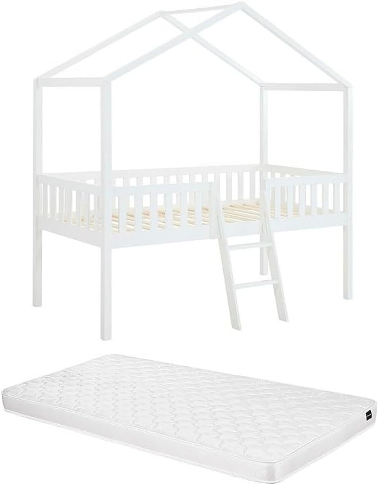 Vente-unique - Halbhohes Hausbett - 90x190 cm - Kiefer - Weiß + Matratze - NALENY Bild 1