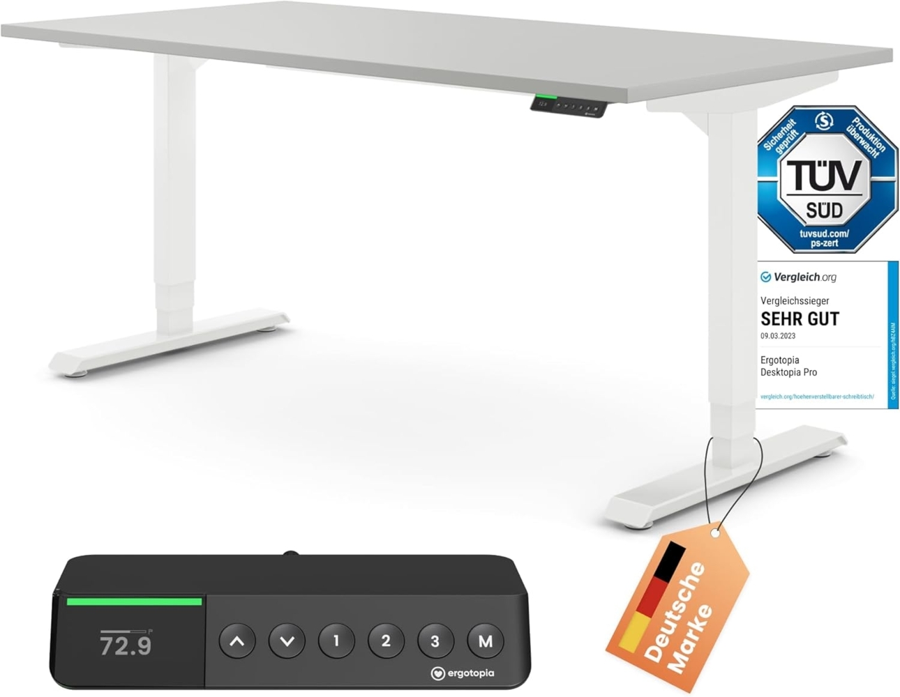 Desktopia Pro X - Elektrisch höhenverstellbarer Schreibtisch / Ergonomischer Tisch mit Memory-Funktion, Grau, Gestell Weiß, 120x80 cm Bild 1