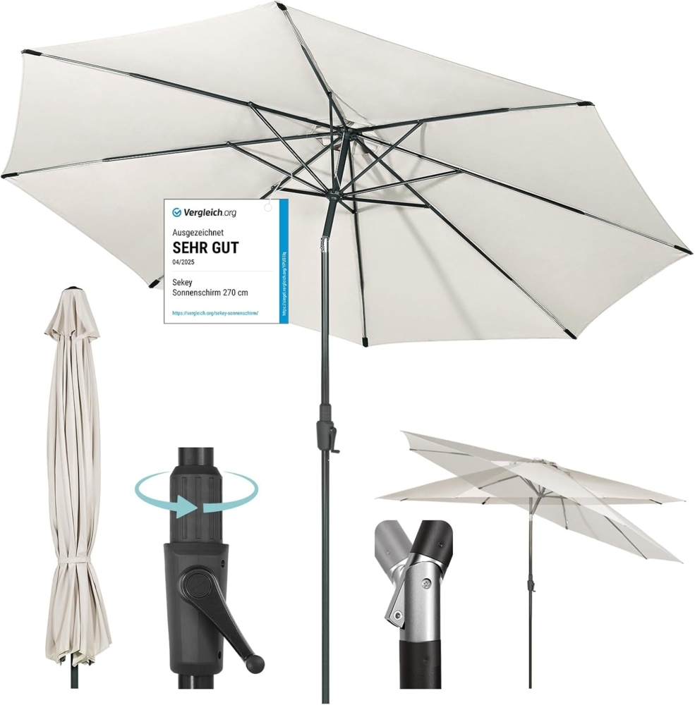Sekey 350cm Sonnenschirm mit Kurbel und Auto Kippen,Marktschirm für Terrasse,Balkon & Garten,Windfest Stabil UPF 50+,Graubeige,Rund Bild 1