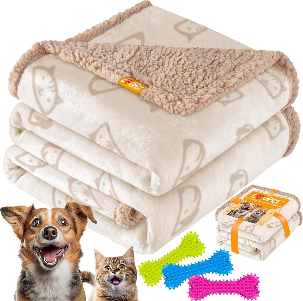 LOVPET® wasserdichte Hundedecke, Sherpa Fleece Haustier Decke + 3x Spielzeugknochen, maschinenwaschbar, beidseitiger Sofabezug-Schutz Beige, L (127 x 101 cm) Bild 1