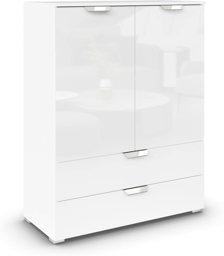 Rauch Möbel Glamour by Aditio Hochkommode, Kommode, Highboard, Türkommode, Schubladenschrank, 2-türig, 2 Schubkästen, Soft-Close, Farbe Hochglanz Weiß/Alpinweiß, 93 x 119 x 42 cm Bild 1