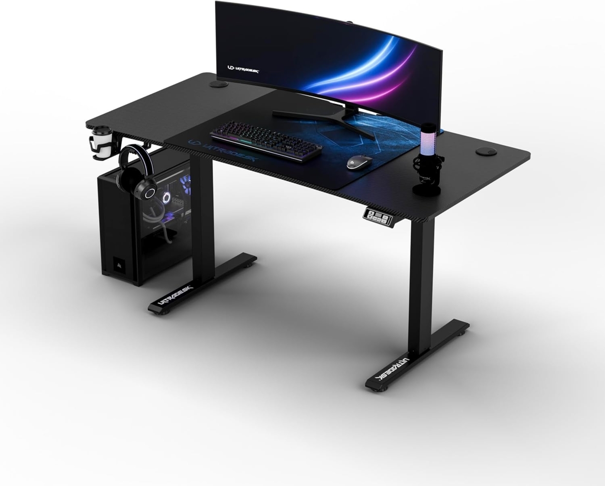 ULTRADESK Level | Ergonomischer Gaming-Schreibtisch mit elektrischer Höhenverstellung | Interner Speicher für 2 Einstellungen | Steckdosenleiste, XXL-Mauspad | Stahlgestell, Blaues Pad, 140x66 cm Bild 1