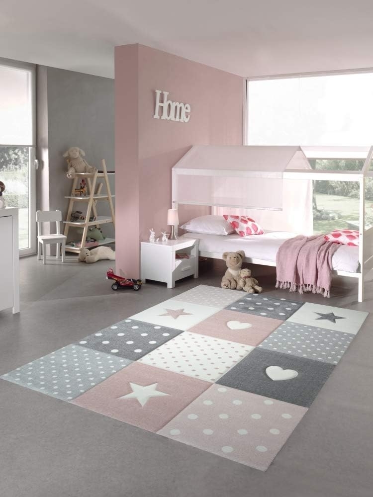 Carpetia Kinderteppich Kinderteppich Spielteppich Mädchen mit Herz Stern rosa creme grau, rechteckig Bild 1