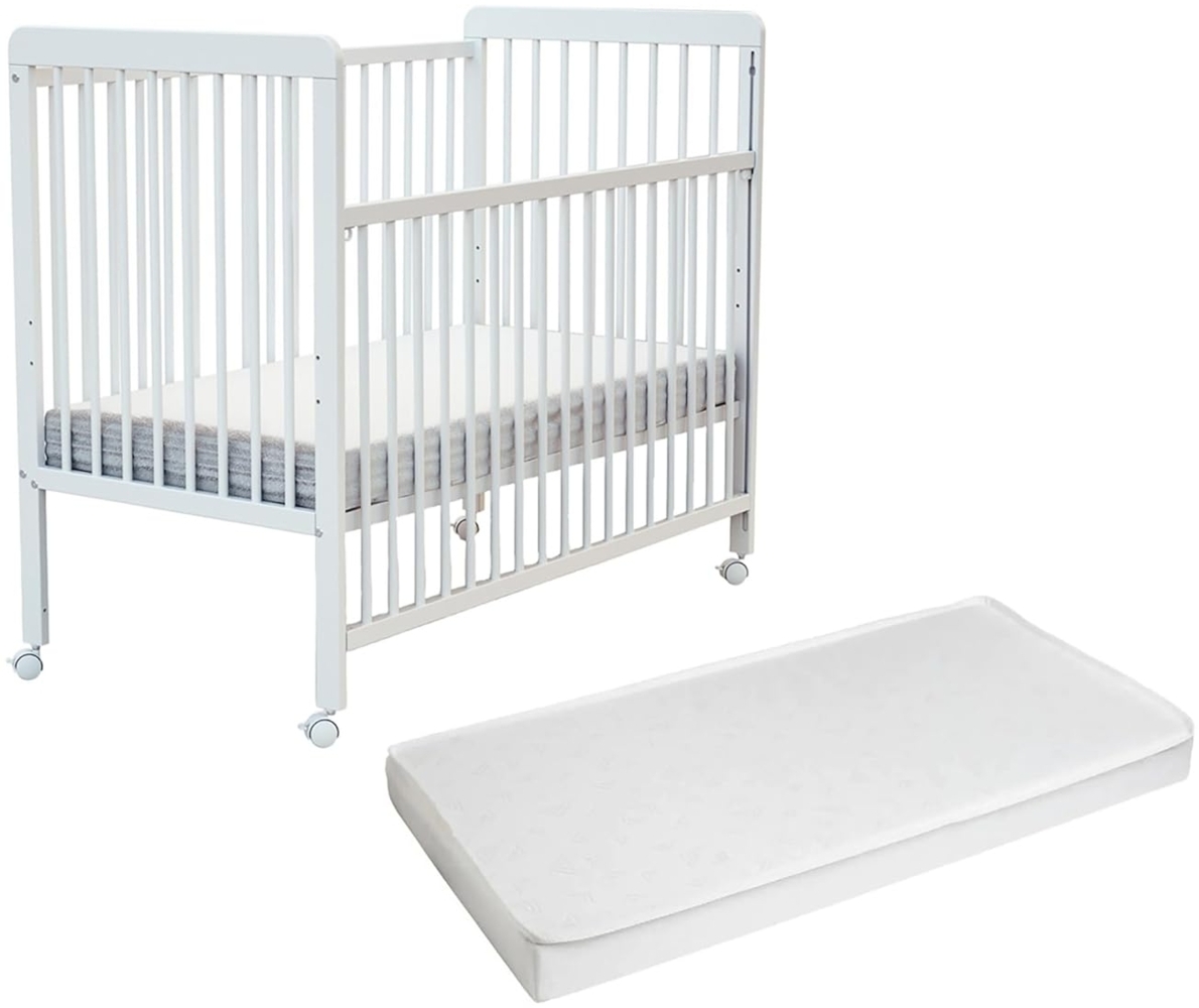 AT4 - Babybett Holz mit Matratze 60x120 ESSENTIEL Weiß | Kinderbett | Mit 4 rollen | Mit Verstellbarer Lattenrost 3 stufen Bild 1