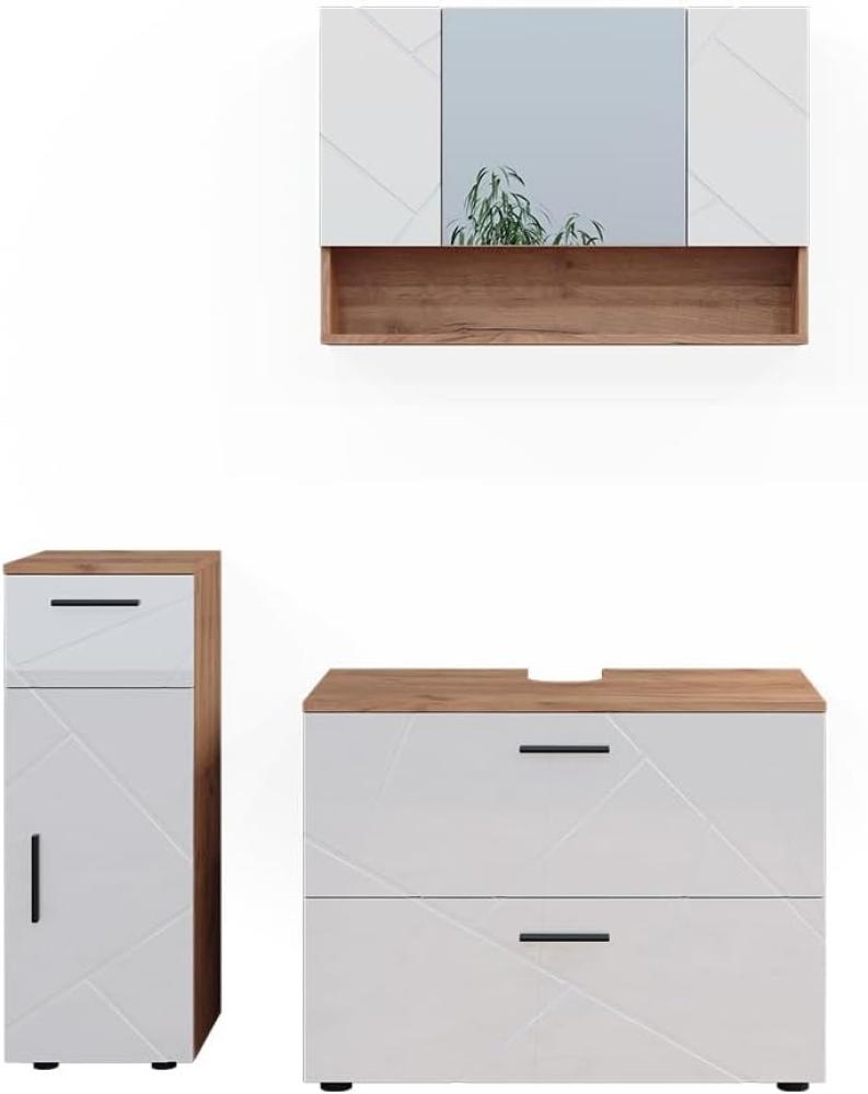 Vicco Badmöbelset Irma Eiche Weiß Hochglanz modern 80 cm 30 cm Badezimmerschrank Badschrank Badezimmermöbel Waschtischunterschrank Spiegelschrank Midischrank Schranktür Schrankfach Schrankschublade Bild 1