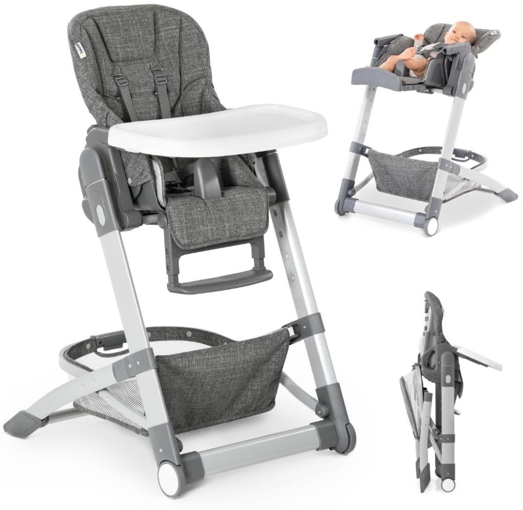 Hauck Baby Hochstuhl Grow Up mit Liegefunktion ab Geburt - Babystuhl mit Tisch, Rollen, klappbar, mitwachsend und höhenverstellbar - Grau Melange Bild 1