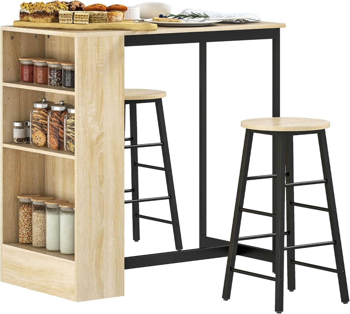 HOMCOM Bargruppe 3-tlg. mit Küchentisch, Stauraum, 2 Hocker, Fußstützen, (Bartisch mit Barhocker Set, 3-tlg, Bartisch-Set), im Modern-Stil, platzsparend, für Esszimmer, Küche, Stahl, Eiche Bild 1