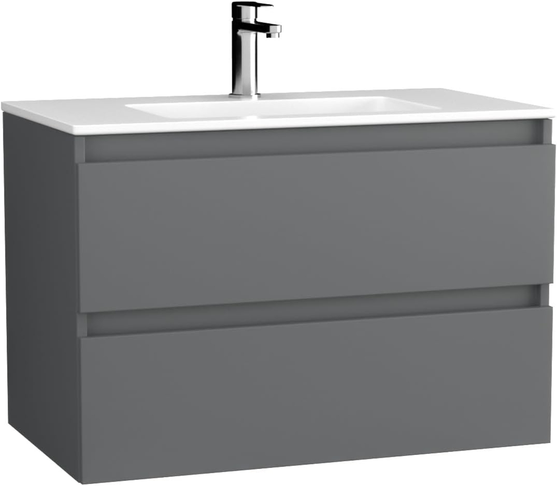 BADEDU GERS Waschbecken mit Unterschrank 80 cm breit, Grau, Waschbecken Keramik Weiß Bild 1