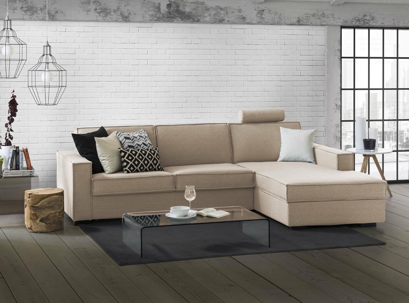 Talamo Italia Ecksofa Beatrice, Made in Italy, Drehbare Öffnung mit Matratze und Lattenrost, Rechte Halbinsel mit Stauraum, mit Standardarmlehnen, Cm: 280x95h90, Farbe Beige Bild 1