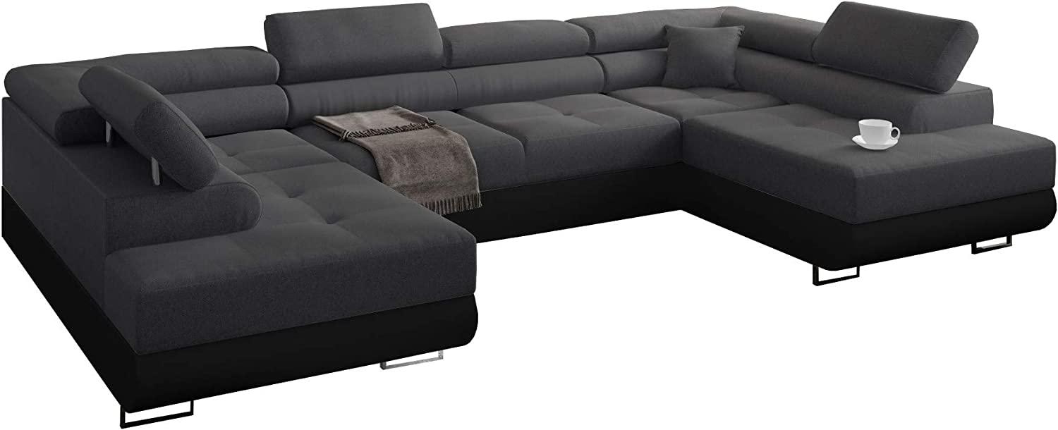 Ecksofa Miami U mit Schlaffunktion, Eckcouch mit Bettkasten, Schlafsofa mit bettfunktion, Ecksofa mit Bettkasten, Freistehendes Schlafsofa, 338 x 203 cm (Dunkelgrau + Schwarzer Kunstleder -EKO) Bild 1