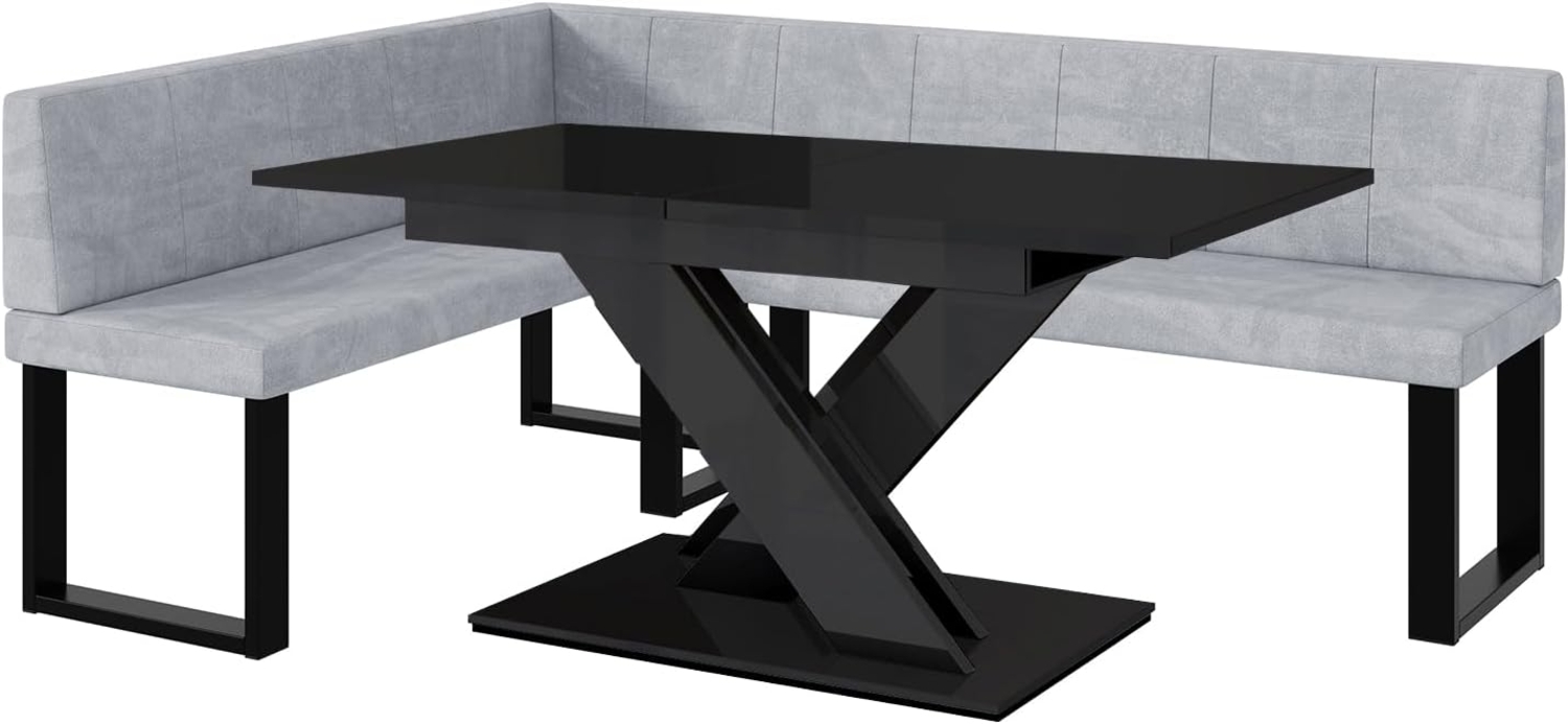 MEBLINI Eckbank für Esszimmer mit ausziehbarem Tisch - Küchenbank - Essecke - Sitzecke Küche - PETER - U-Beine 142x196x87cm Links - Hellgrau Samt/B Schwarz Hochgl. Bild 1