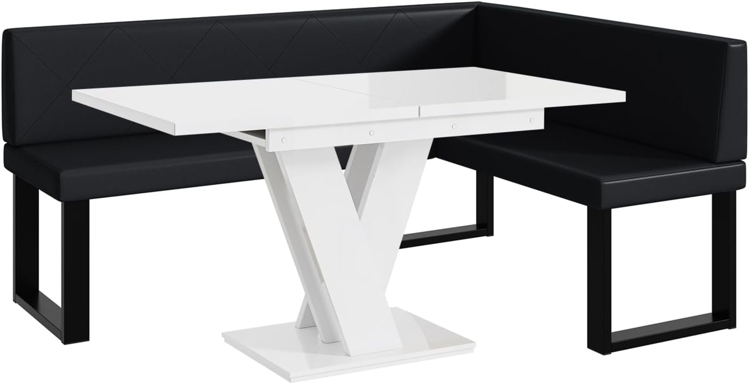 MEBLINI Eckbank für Esszimmer mit ausziehbarem Tisch - Küchenbank - Essecke - Sitzecke Küche - ERIC - U-Beine 128x168x87cm Rechts - Schwarz Kunstleder/M Weiß Hochgl. Bild 1