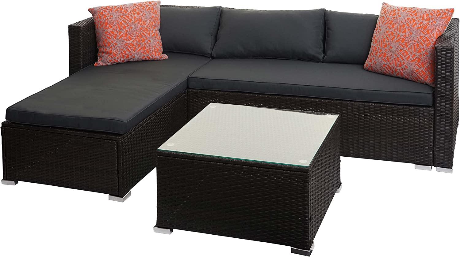 Poly-Rattan Garnitur HWC-F57, Balkon-/Garten-/Lounge-Set Sofa Sitzgruppe ~ braun, Kissen dunkelgrau mit Deko-Kissen Bild 1