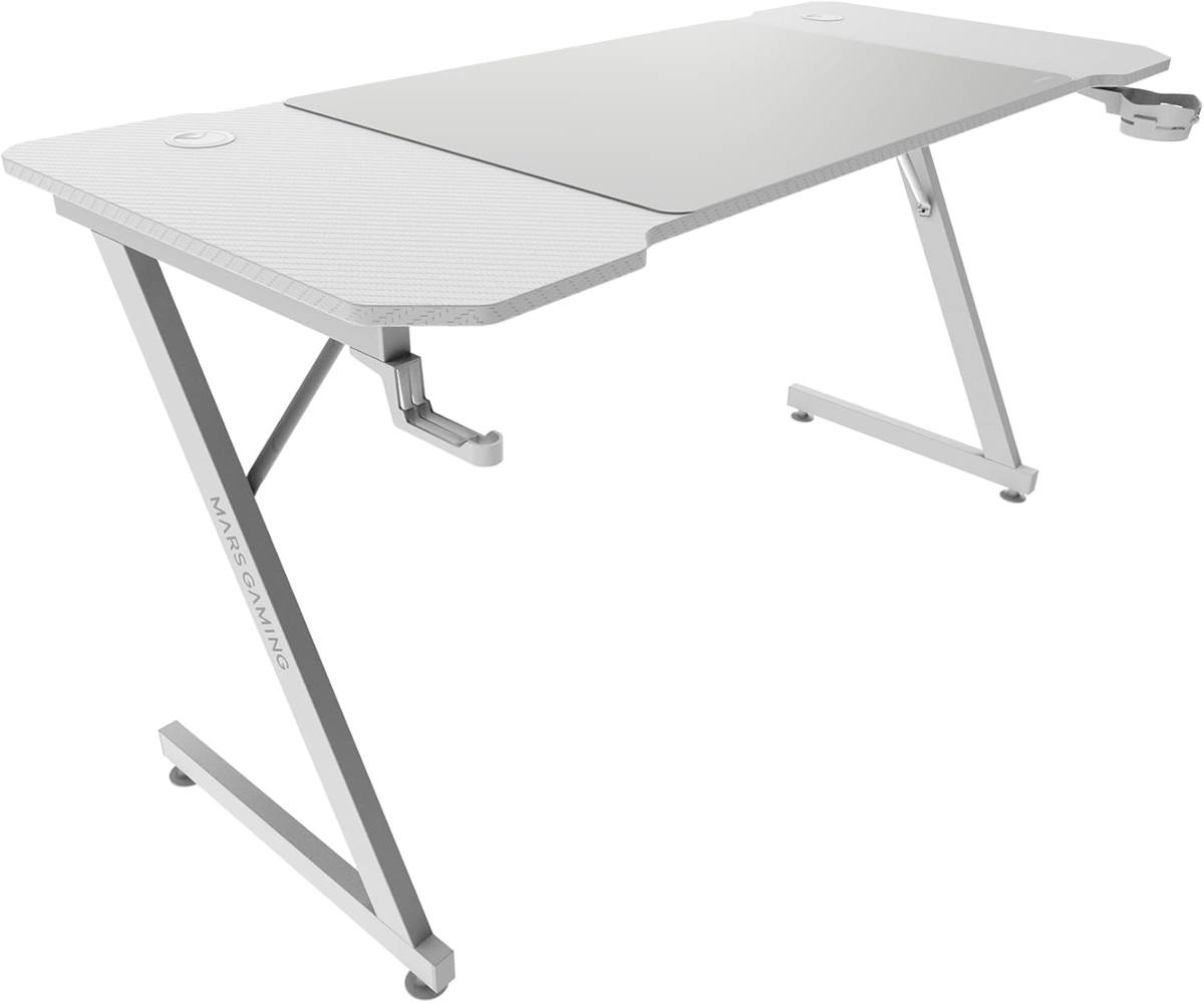 Mars Gaming MGD-X140, Gaming-Schreibtisch Ergonomisch, Oberfläche aus Karbonfaser, Metallrahmen, XXL-Mauspad, Kopfhörer- und Getränkehalterung, Kabelmanagement, Gaming-Tisch 140x60 cm, Weiß Bild 1