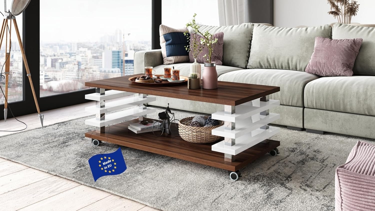 designimpex Couchtisch Carl Svensson DC-3 Wohnzimmertisch Rollen Nussbaum - Weiß Hochglanz Bild 1