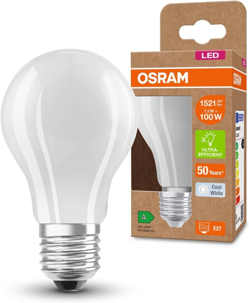 Osram LED SUPERSTAR+ CLASSIC A GL FR 100 LED-Lampe mit Sockel E27, klassische Kolbenform, weiß, 7,2W, 1512lm, 4000K, kaltweißes Licht, bis zu 60% Energieeinsparung im Vergleich zu Standard LED-Lampen Bild 1