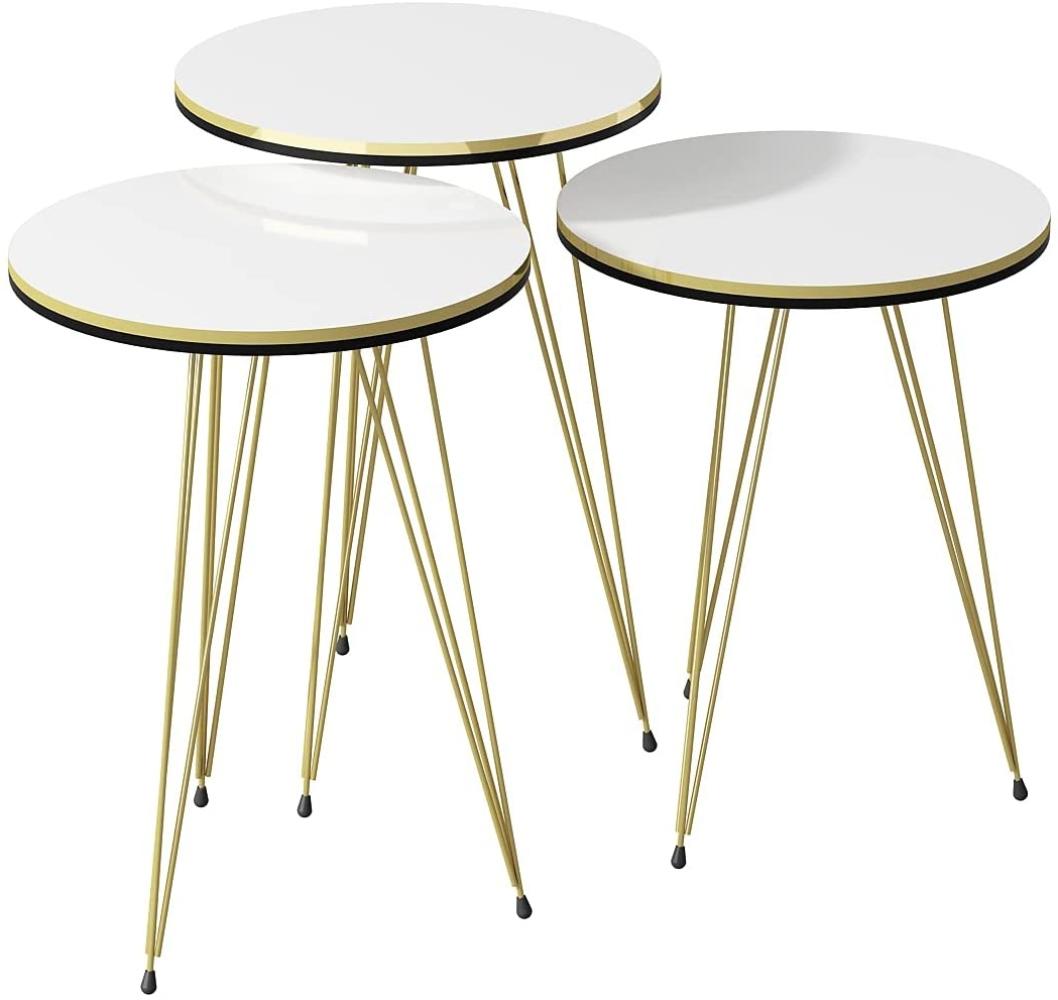 moebel17 6276 Beistelltisch 3 er Set rund - Kaffeetisch Satztisch Metallgestell, Wohnzimmertisch Tisch, Weiß, goldene Füße, für Wohnzimmer, Schlafzimmer, Flur, Büro 38 x 46 x 49 cm Bild 1