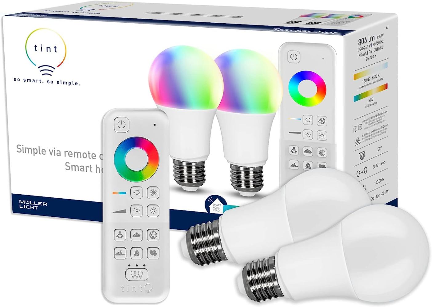 Tint LED Starter-Set white+color mit Fernbedienung weiß Birnenform E27 9,5 W. - tint Bild 1