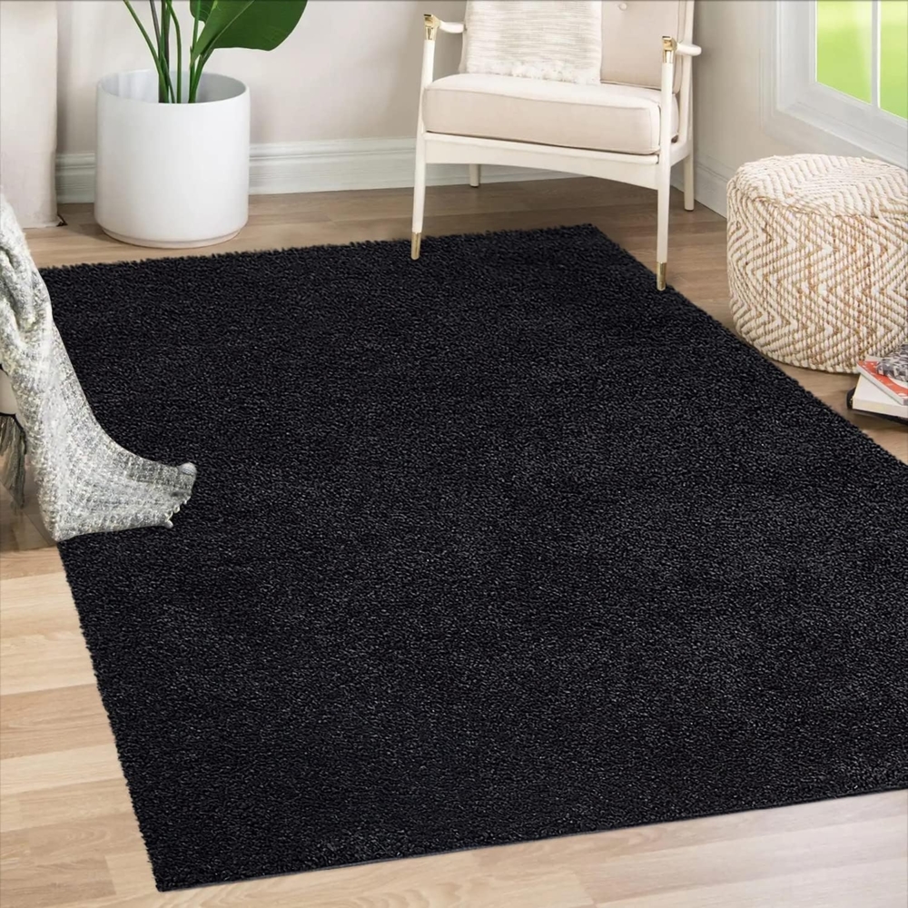 Teppich Wohnzimmer Hochflor Shaggy - 120x170cm - Schwarz Einfarbig Uni Flauschig Modern Boho Deko Teppiche Weich Schlafzimmer Bild 1