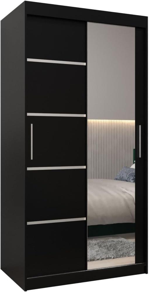 Kryspol Schwebetürenschrank Verona 2-100 cm mit Spiegel Kleiderschrank mit Kleiderstange und Einlegeboden Schlafzimmer- Wohnzimmerschrank Schiebetüren Modern Design (Schwarz) Bild 1