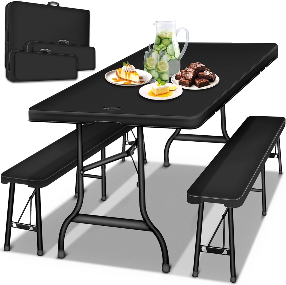 tillvex® Bierzeltgarnitur klappbar 3-teilig Set | Kunststoff Gartengarnitur wetterfest 180 cm | Gartenmöbel Set Indoor & Outdoor mit Gartentisch und Bänken | Festzeltgarnitur (Black) Bild 1