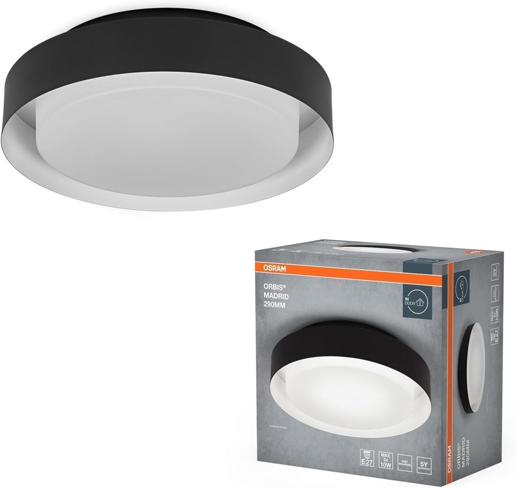 Osram ORBIS MADRID Deckenleuchte 290mm, schwarz, E27-Sockel, kann mit smarter Lampe bestückt werden, hochwertiges, modernes Design, Metallgehäuse, geeignet für Innenräume, rund, IP20 Schutzklasse Bild 1