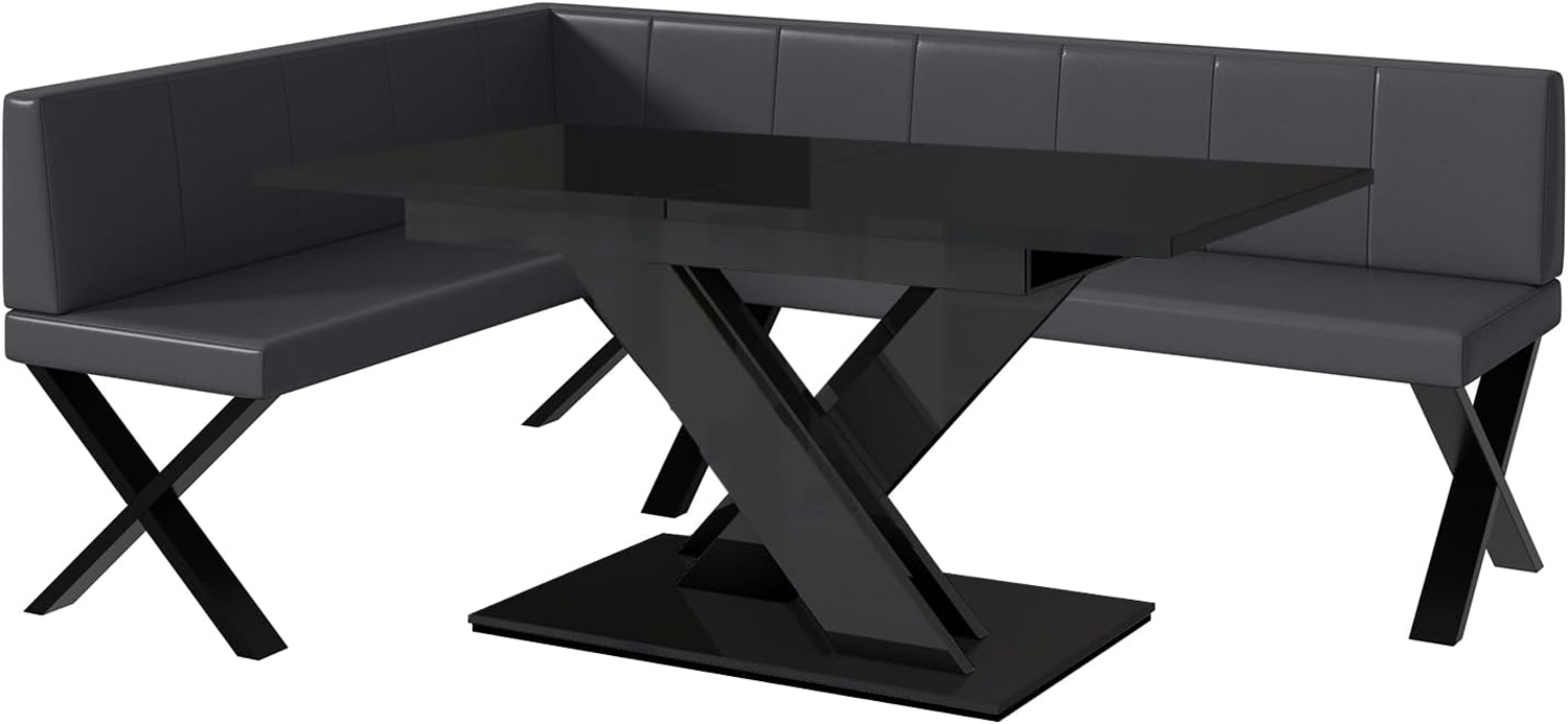 MEBLINI Eckbank für Esszimmer mit ausziehbarem Tisch - Küchenbank - Essecke - Sitzecke Küche - PETER - X-Beine 142x196x87cm Links - Grau Kunstleder/B Schwarz Hochgl. Bild 1