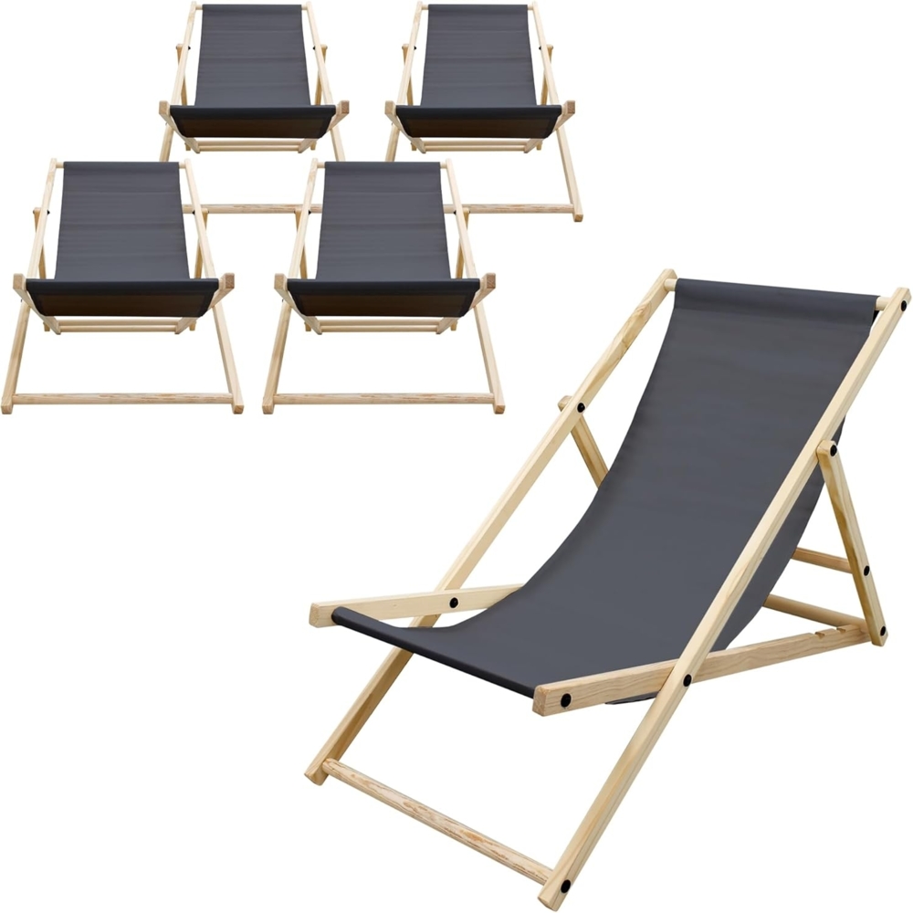 ECD Germany Gartenliege Holz Beachstuhl klappbarer Strandstuhl Strandliege Campingliege, 5 St, 5er Set Sonnenliege Anthrazit Klappliegestuhl 117x52x83cm Relaxliege Bild 1