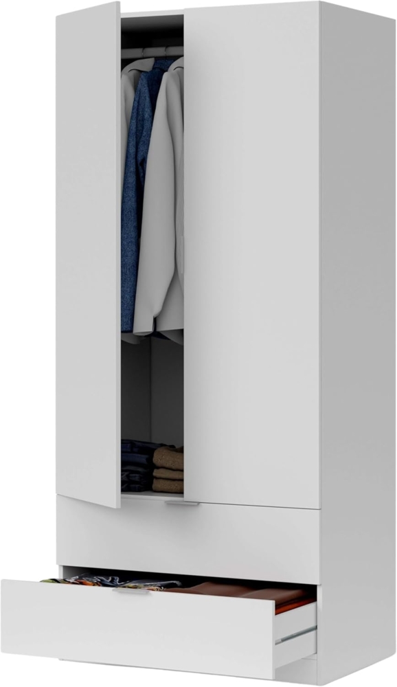 Habitdesign Kleiderschrank mit zwei Flügeltüren und zwei Schubladen, Farbe weiß, Maße 81,5 x 180 x 52 cm Bild 1
