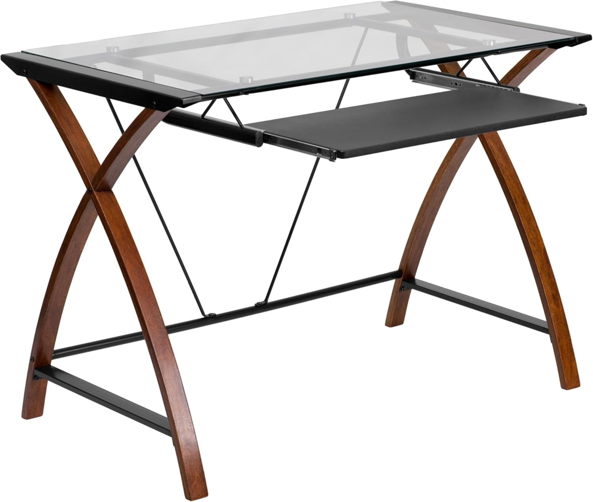 Flash Furniture Computertisch, Schreibtisch mit Oberfläche aus klarem Glas, stabiler Arbeitstisch mit Gestell aus Kirschholz und schwarzer, glatter Tastaturschublade, 66,3 x 90,2 x 75,6 cm Bild 1