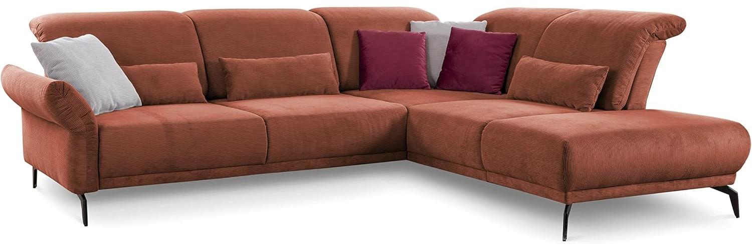 CAVADORE Ecksofa Cooper / Luftige Eckcouch mit Ottomane rechts, schwarzen Metallfüßen und feinem Cord-Bezug / 294 x 88 x 242 / Cord, Kupfer Bild 1