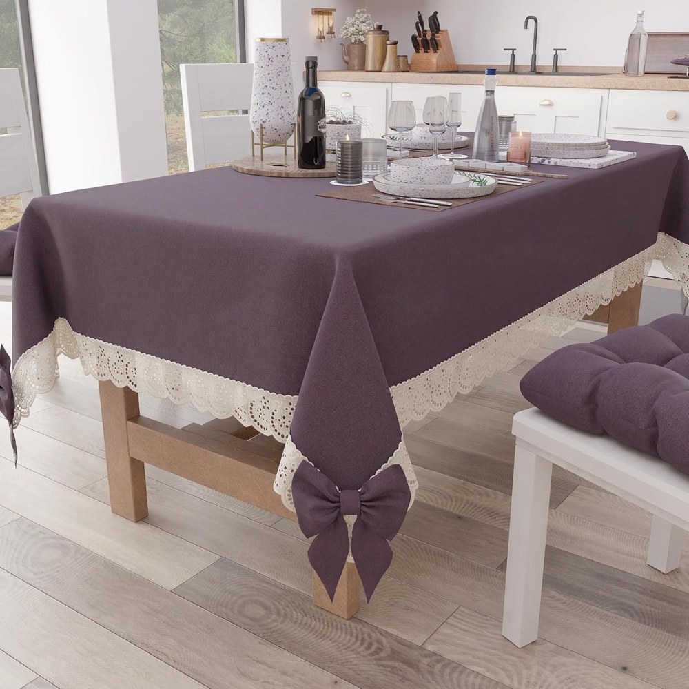 PETTI Artigiani Italiani Tischdecke Rechteckige Küchentischdecke mit Sangallo-Spitze und Schleifen, einfarbige Baumwolltischdecke, 12-Sitzer (140x240 cm), Mauve Bild 1
