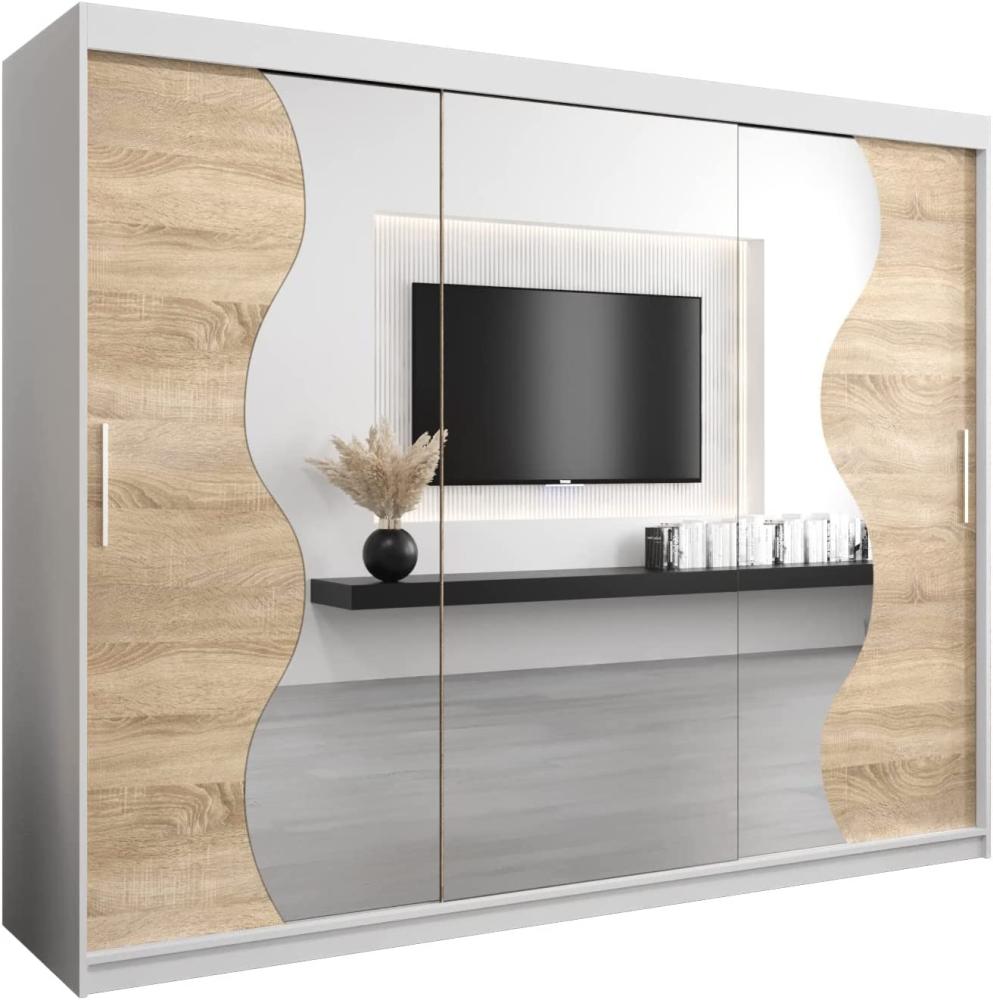 KRYSPOL Schwebetürenschrank Madryt 250 cm mit Spiegel Kleiderschrank mit Kleiderstange und Einlegeboden Schlafzimmer- Wohnzimmerschrank Schiebetüren Modern Design (Weiß + Sonoma) Bild 1