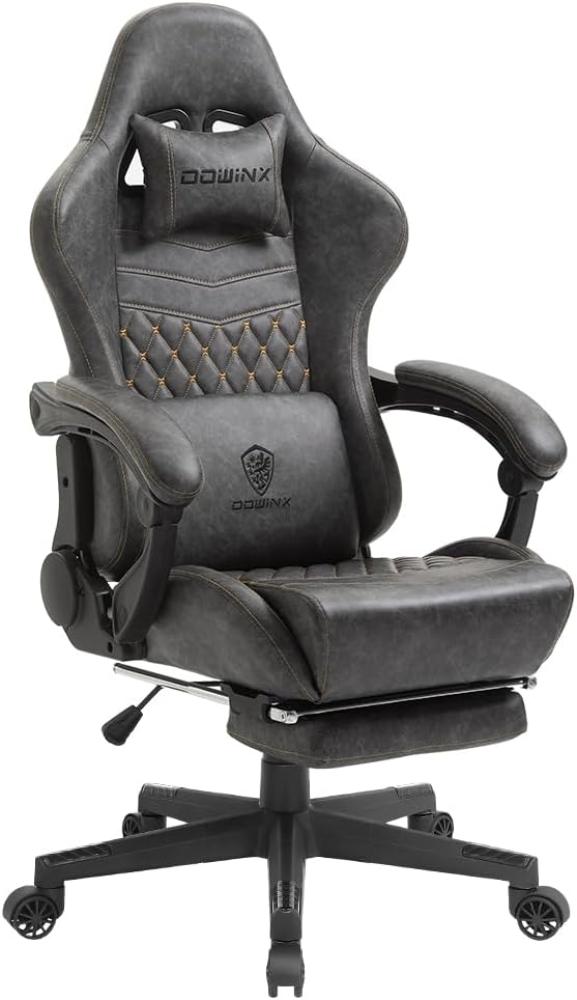 Dowinx Gaming Stuhl Bürostuhl Ergonomischer PC-Stuhl mit Massage Lendenwirbelstütze, Vorteil Stil PU Leder Hohe Rückenlehne Verstellbarer Drehsessel mit Fußstütze (Grau) Bild 1