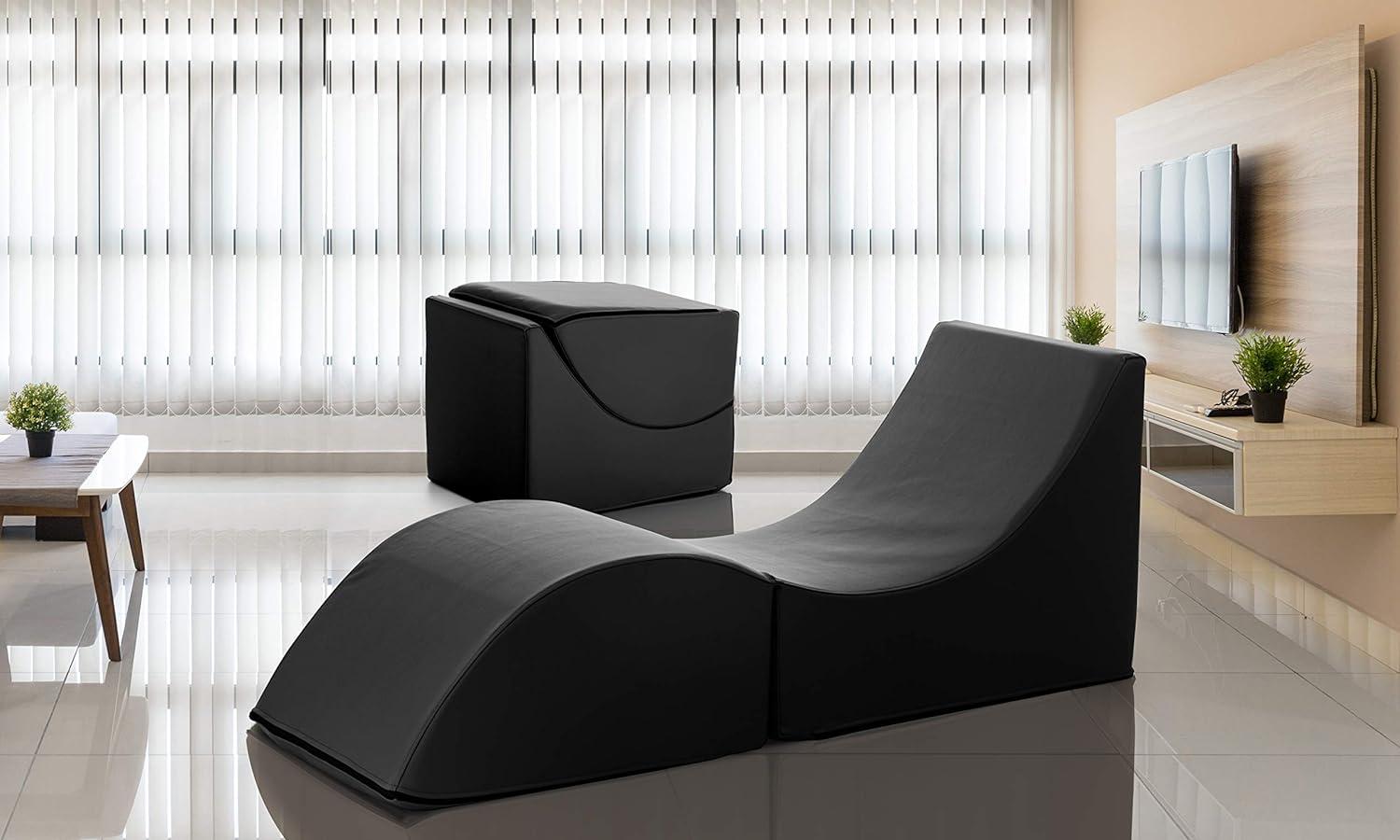 Talamo Italia - Klappbett Andreina, Puff umwandelbar in Einzelbett, 100% Made in Italy, Puff, umwandelbar in eine Chaiselongue aus Kunstleder, Cm 130x50h50, Schwarz Bild 1