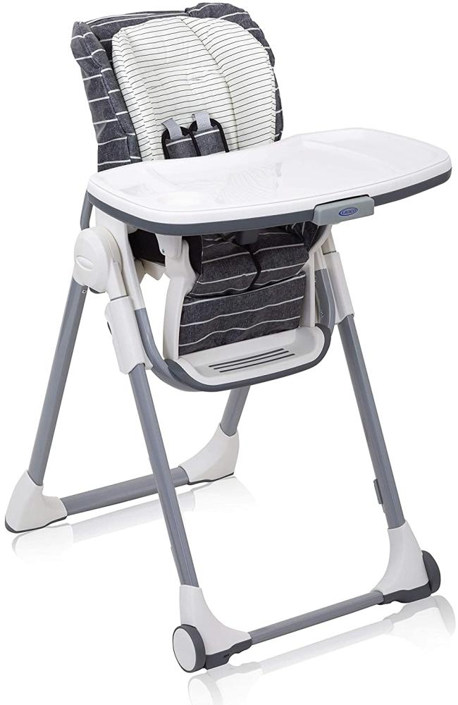 Graco Swift Fold Hochstuhl mit Tisch, Kinderhochstuhl Baby mit Liegefunktion, zusammenklappbar, mitwachsend, abnehmbares Tablett für Spülmaschine, Kinderstuhl abwaschbar, grau-weiß-gestreift, Suits Me Bild 1